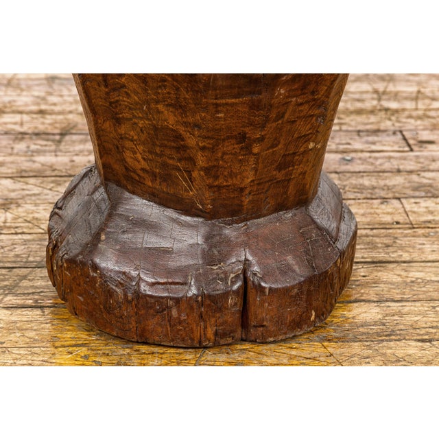 19th Century Rustic Teak Wood Mortar Urn, Antique Planter for Vintage Home Decor For Sale - Image 9 of 12