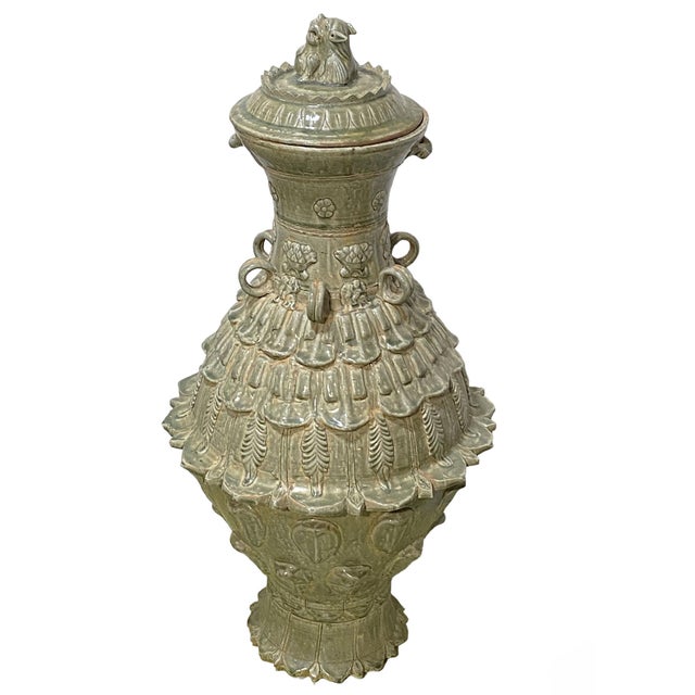 Vintage Large Chinoiserie Tang-Style Lotus Celadon Lidded Jar 36"h For Sale - Image 9 of 11