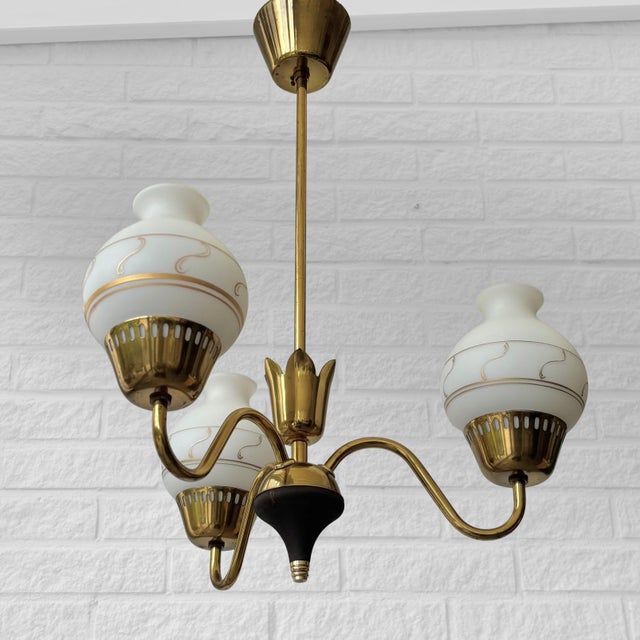 1940s Vintage Scandinavian Chandelier in Brass and Glass, 1940s For Sale - Image 5 of 11