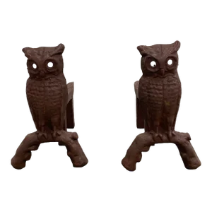 Early 20th Cast Iron Owl Andirons Fireplace - a Pair