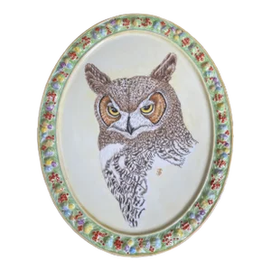 Large Hand Painted Great Horned Owl Portrait Oval Porcelain Wall Plaque