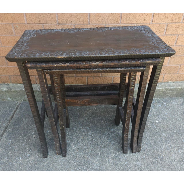 Set of 3 Jacobean Style Hancrafted Carved Walnut Nesting Tables | Chairish