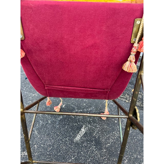 Vintage Hollywood Regency Campaign Style Wrought Iron Curved Sling Bench For Sale - Image 9 of 12