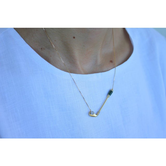 Diamond Green Malachite Golf Club Birdie Jewelry 18 Karat White Gold Charm Pendant Necklace For Sale In Washington DC - Image 6 of 10