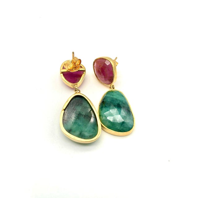 English Bochic "Capri" Ruby & Multi Rough Cut Emerald Earrings Set In 18K Gold & Silver For Sale - Image 3 of 18