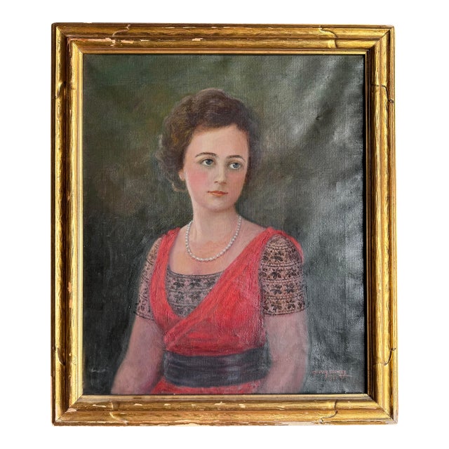Artist Ida Jolly Crawley: Portrait of Woman in Red Dress For Sale