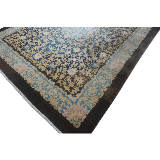 1920s Hand Knotted Allover Navy Blue Floral Antique Peking Chinese Carpet Rug For Sale - Image 4 of 12