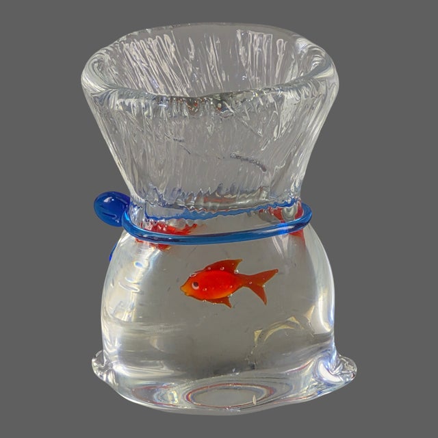 Vintage Murano Fish Inside Bag Blue Ribbon Art Glass Paperweight Trinket Holder Desk Art Original Label For Sale - Image 6 of 11