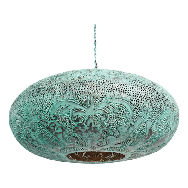 Balinese Boho Verdigris Copper Utan Pendant Light Large For Sale