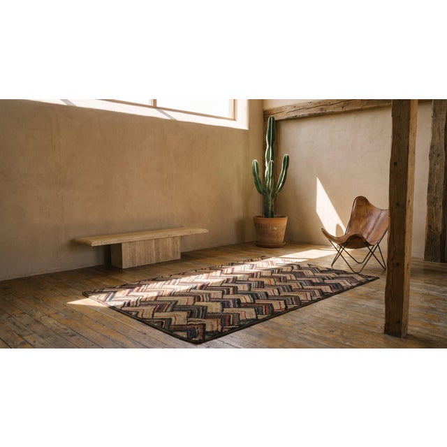 1920s Multi Brown Zig Zag Folk Art Antique American Hooked Rug 2' 7'' X 4' 6'' Handwoven Wool Carpet For Sale - Image 15 of 16