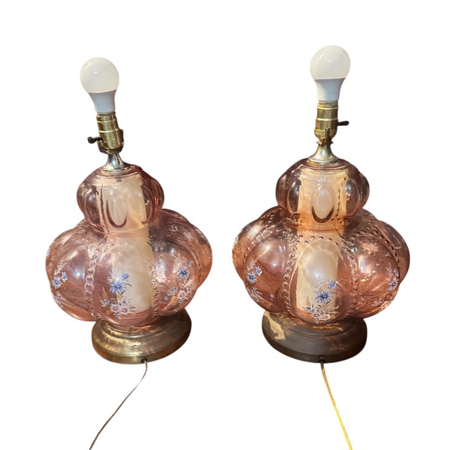 Light Pink 1950s Pair of Mid-Century Modern Murano Style Pink Bullicante Glass Lamps For Sale - Image 8 of 9