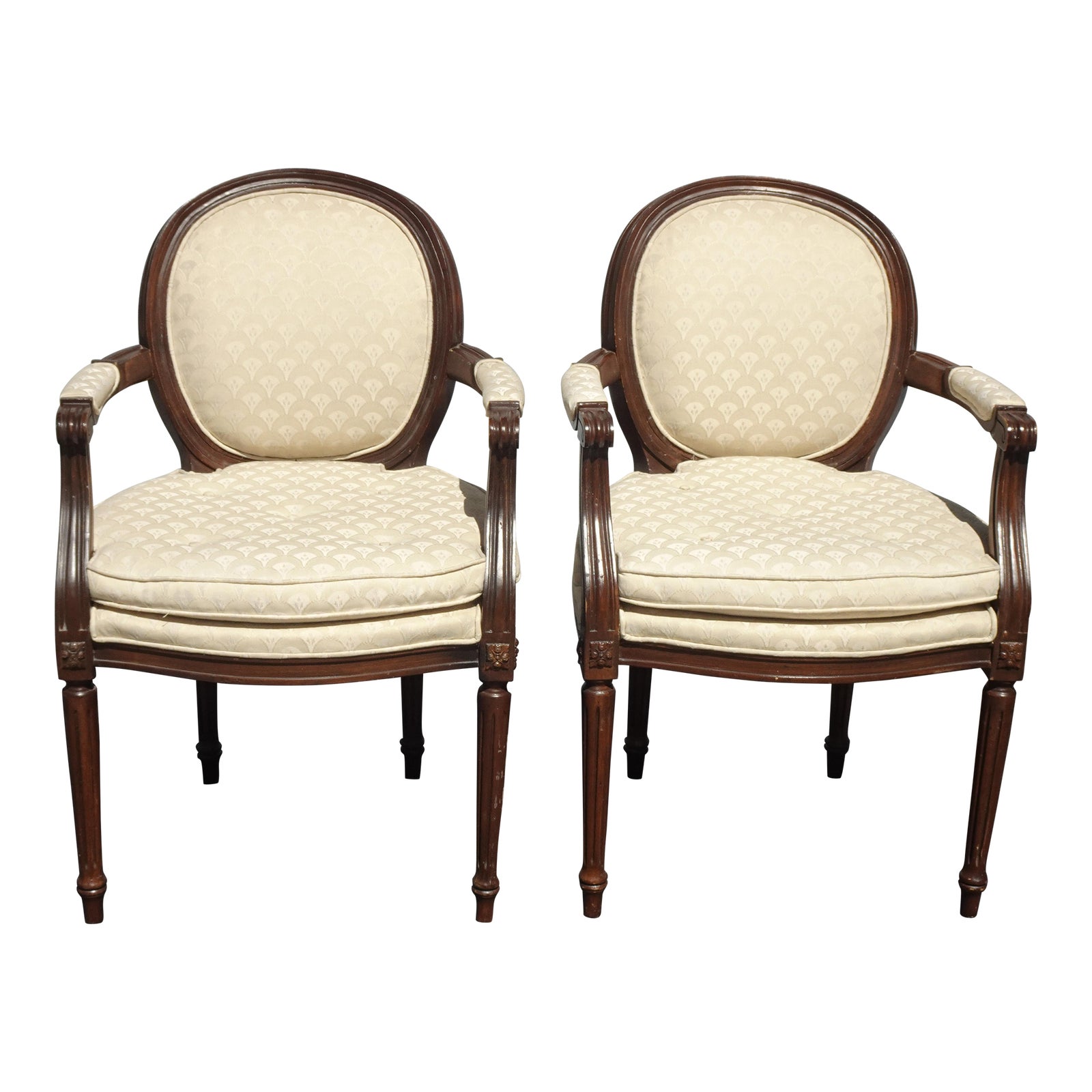 Pair Vintage French Louis Fauteuil Round Back White Chairs | Chairish