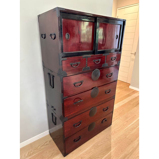 Early 20th Century Antique Meji Period Three Section Japanese Isho Tansu Clothing Chest For Sale - Image 5 of 14