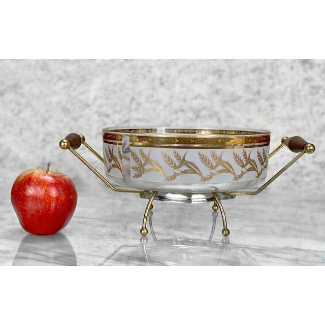 Mid-Century Golden Foliage Wheat Double Glass Bowl Chip and Dip Serving Caddy, c. Mid 20th Century - Double Bowl Design -...