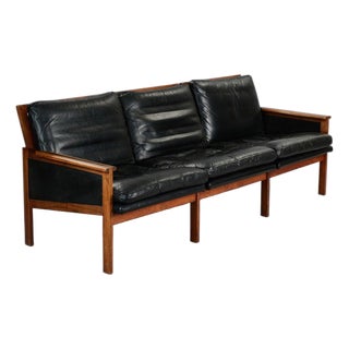 Mid 20th Century Attributed to Illum Wikkelso Capella Three Seat Sofa in Rosewood + Black Leather For Sale