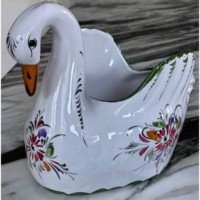 Mid 20th Century Vintage Made in Portugal Hand Painted Swan Cachepot For Sale - Image 5 of 12