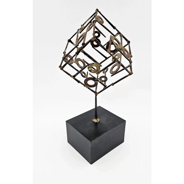 Abstract Constructivism Nails and Washers 3-D Metal Cube Sculpture Circa 1960s Measurements: 16"T x 8.5"W x 9"D (40.64cm x...