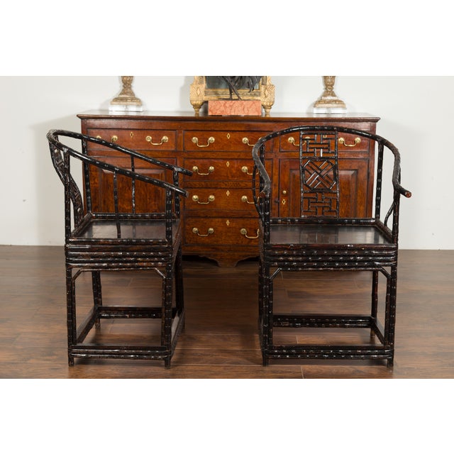 Early 20th Century Pair of Chinese Ming Dynasty Style 1920s Horseshoe Back Bamboo Armchairs For Sale - Image 5 of 9