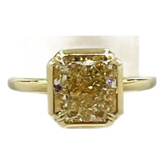 Gia 4 Carat Yellow Diamond Radiant Solitaire Bezel Ring in 18k Yellow Gold, Size 6.5 For Sale