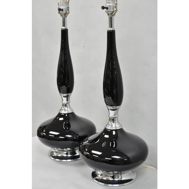 Vintage Mid Century Modern Black Glazed Ceramic & Chrome Table Lamps - A Pair For Sale - Image 4 of 12