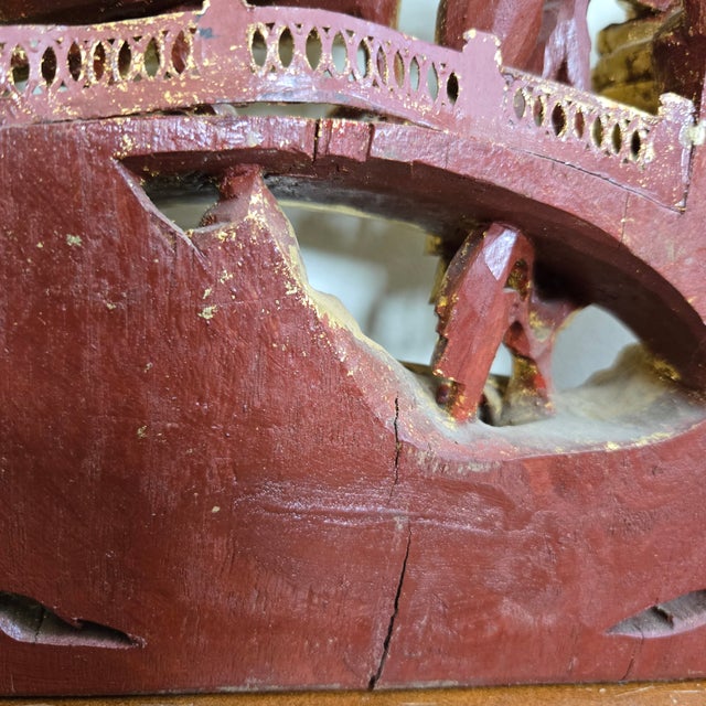 Antique Chinese Giltwood Panel Relief Carving Landscape Scene Red Lacquer Borders and Back For Sale - Image 18 of 18