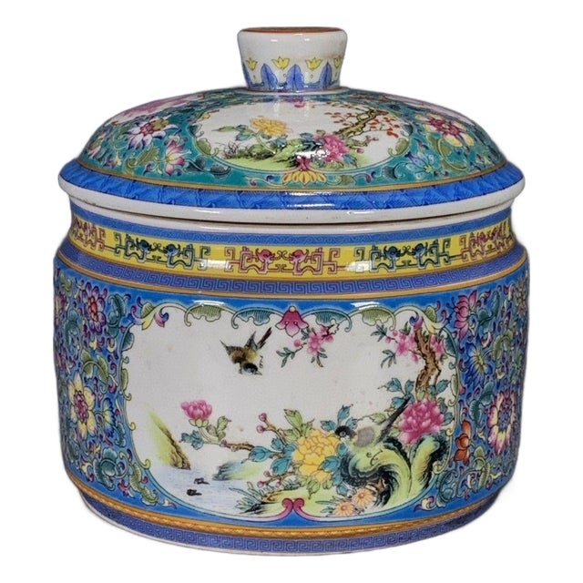Chinese Blue Ground Famille Rose Porcelain Covered Jar With Bird & Floral Motif For Sale