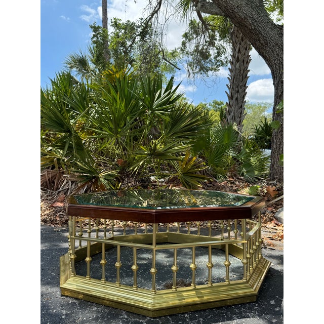 Hollywood Regency Vintage Solid Brass & Wood Octagonal Coffee Table With Thick Glass Top | Hollywood Regency Cocktail Table For Sale - Image 3 of 8