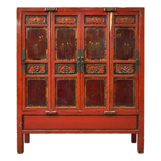 Early 20th Century Chinese Red-Lacquer Carved Wood Armoire With Hand painted Panels For Sale