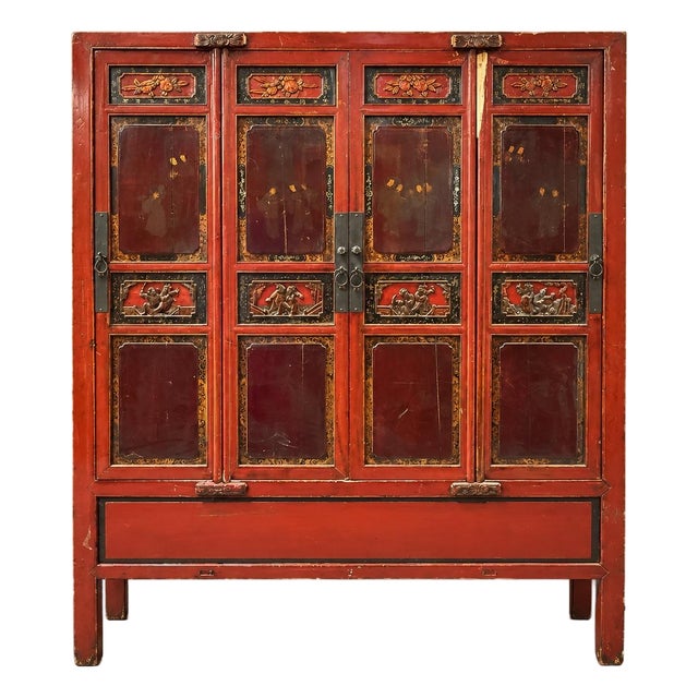 Early 20th Century Chinese Red-Lacquer Carved Wood Armoire With Hand painted Panels For Sale