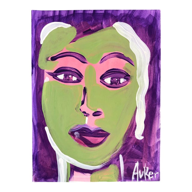 CL Auker Original Painting “Face in Olive and Grape” Acrylic on Watercolor Paper For Sale