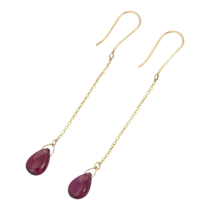 18k Yellow Gold Dangling Chain With Garnet Droplet Earrings, a Pair