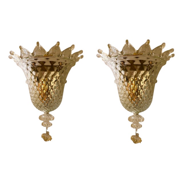 Wall Lighting in Gold Glass Murano by Barovier & Toso, Italy, 1980, Set of 2 For Sale