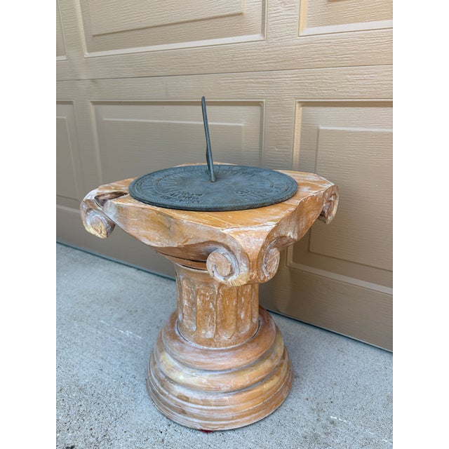 French Country Late 20th Century Iron Verdigris Sundial on Neoclassical Carved Wooden Columnar Pedestal Stand For Sale - Image 3 of 12