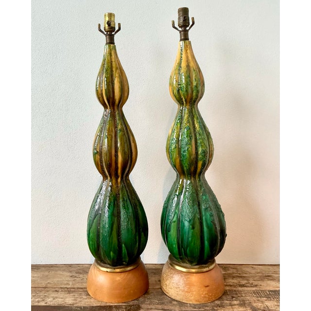 Vintage MCM Lava Glaze Ceramic Lamps - A Pair For Sale - Image 11 of 12