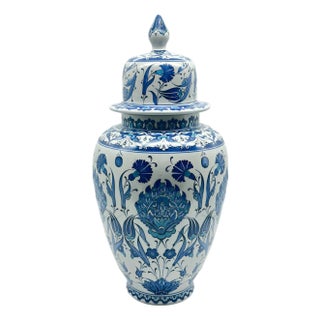 Handmade Ceramic Shah Jar (30cm) Classic Blue and Turquoise Hatayi Lotus Pattern Vase For Sale