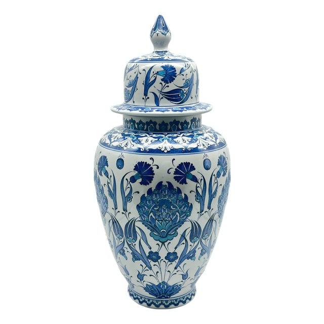 Handmade Ceramic Shah Jar (30cm) Classic Blue and Turquoise Hatayi Lotus Pattern Vase For Sale