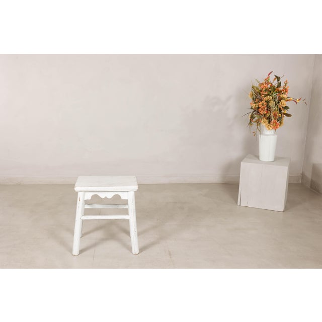 Vintage Chinese Rustic Country Style White Painted Wooden Stool For Sale - Image 13 of 16