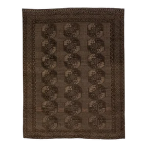 1930s Antique Turkmen Handmade Persian Wool Rug With Geometric Pattern in Brown