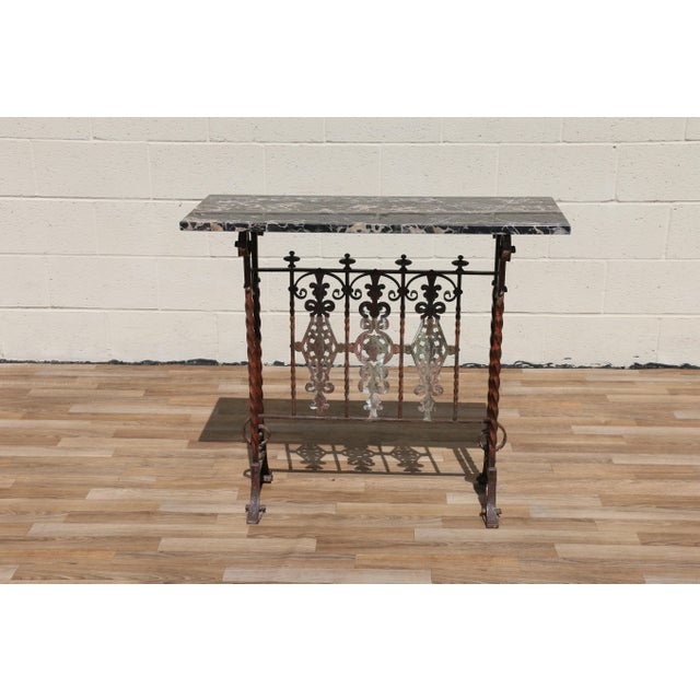 Antique Spanish Revival Entry Hall Table | Wrought Iron, Brass & Black Marble Console | Circa 1910 For Sale - Image 10 of 18