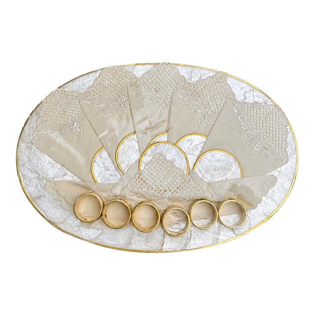 New Old Stock Vintage Capiz Shell Table Setting – Set of 6 Placemats, Napkins, Napkin Rings & Coasters in Original Packaging For Sale