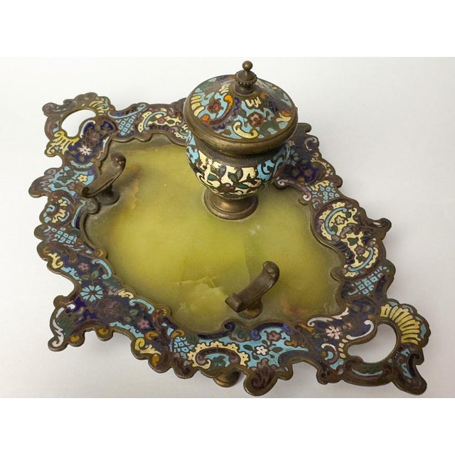 French Napoleon III Champlevé Enamel Inkwell on Tray, 1800s For Sale - Image 5 of 14