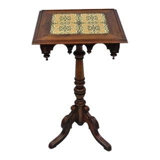 Antique Eastlake Victorian Arts & Crafts Walnut Tile Top Pedestal Side Table For Sale