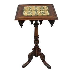 Antique Eastlake Victorian Arts & Crafts Walnut Tile Top Pedestal Side Table