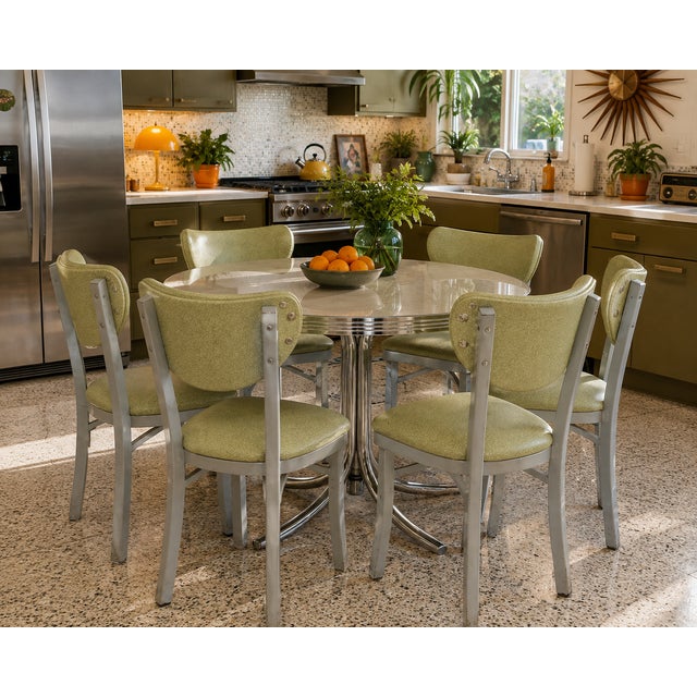 Set of six vitro avocado green 'cracked ice' pattern dining chairs with tubular steel legs. Vitro has been making...