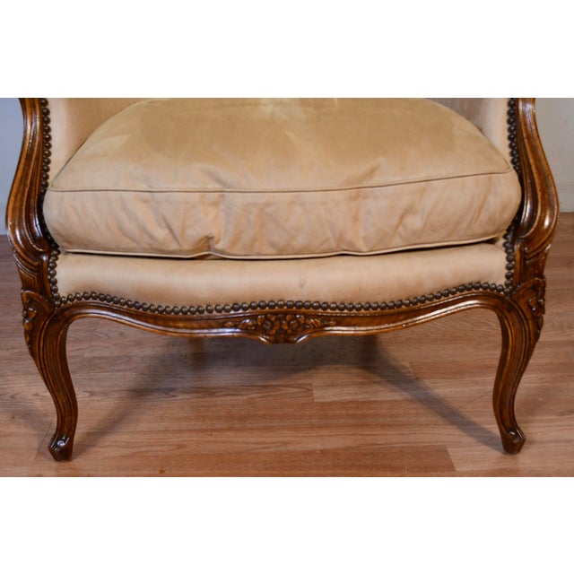 1900 - 1909 1900 Antique French Louis XV Hand Carved Walnut Living Room Chair / Used Fabric For Sale - Image 5 of 18