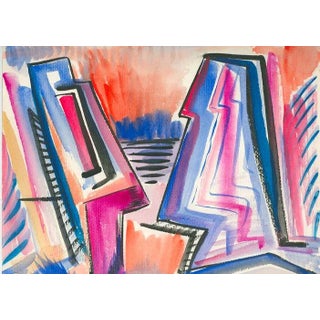 Abstract Easter Island, Harold Wallerstein Watercolor on Paper, Signed For Sale
