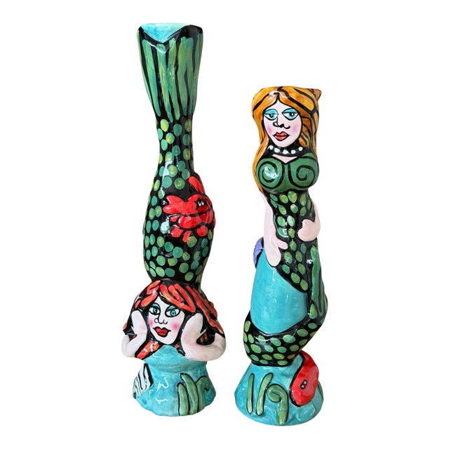 Pair of Whimsical Hand-Painted Ceramic Mermaid Candlestick Holders For Sale
