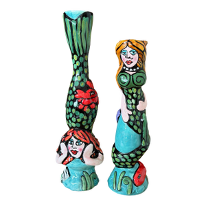 Pair of Whimsical Hand-Painted Ceramic Mermaid Candlestick Holders