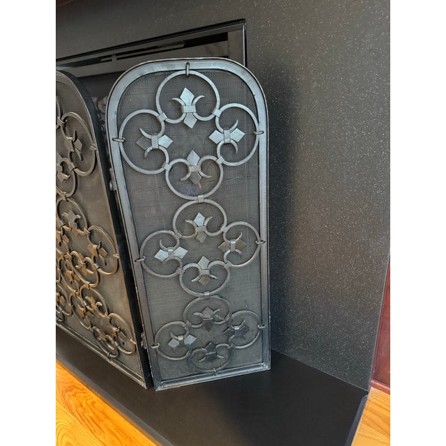 Vintage Spanish Revival Iron Three Panel Folding Fireplace Screen With Matching Vintage Wrought Iron 4 Piece Fireplace Tools With Stand For Sale - Image 11 of 12