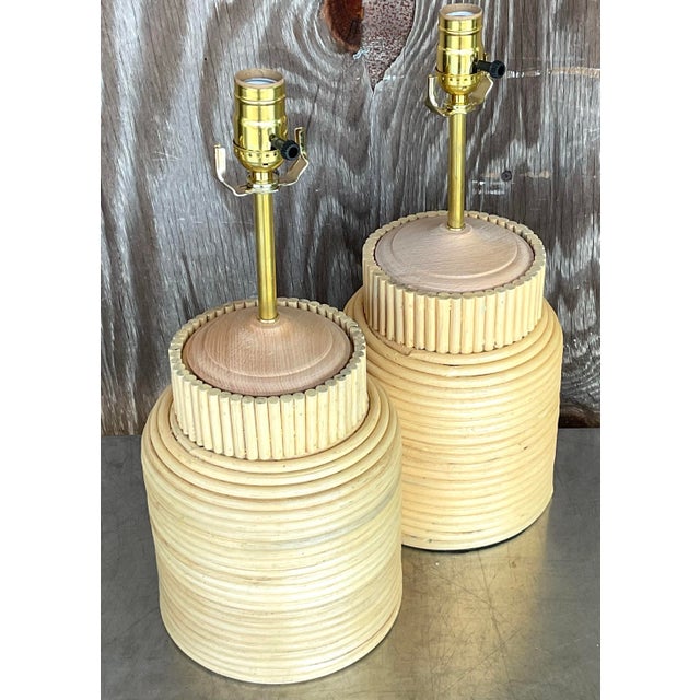 Wood Vintage Boho Pencil Reed Lamps - a Pair For Sale - Image 7 of 9
